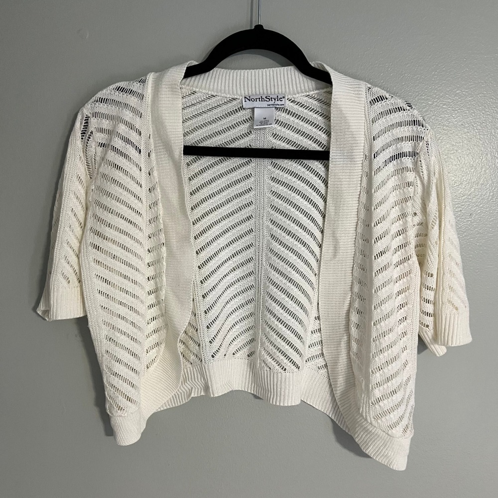 NorthStyle White Pointelle Chevron Open Front Shrug Cardigan Sweater open knit